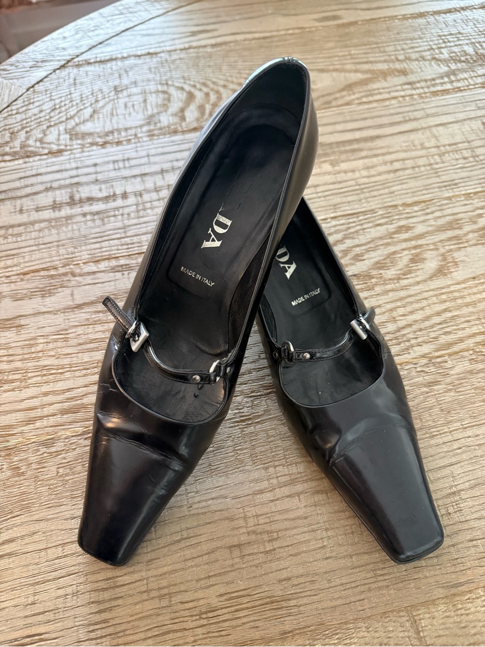 Prada Black Leather Mary Jane Pumps with Silver Buckles